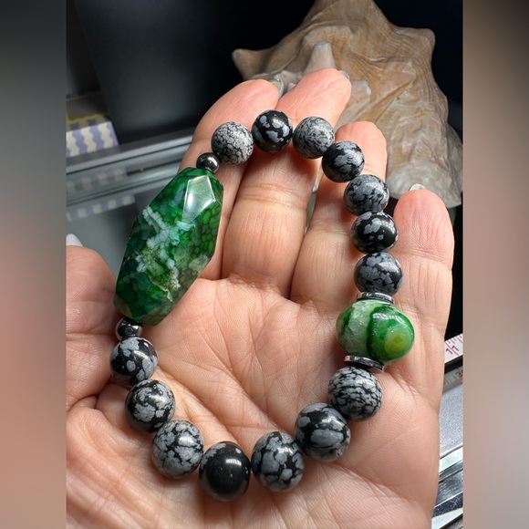 SNOW OBSIDIAN + AGATES NATURAL STONES  BRACELET size 7” - Picture 11 of 14